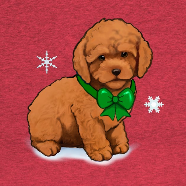 Apricot Poodle Puppy in Green Bow at Christmas by PenguinCornerStore